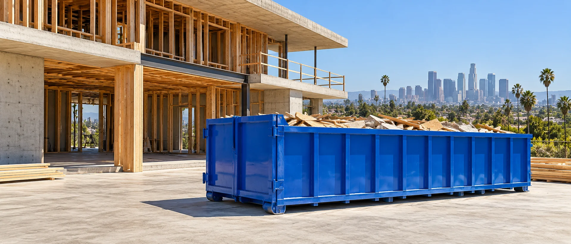 Blue roll-off dumpster at a sunny Los Angeles renovation site
