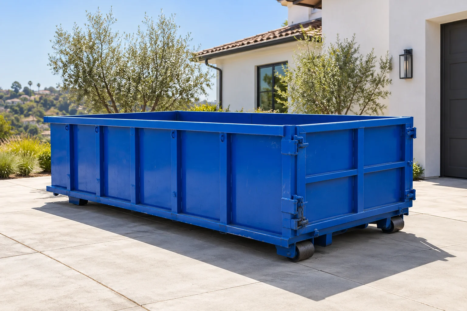 Illustrative 15 yard blue roll-off dumpster